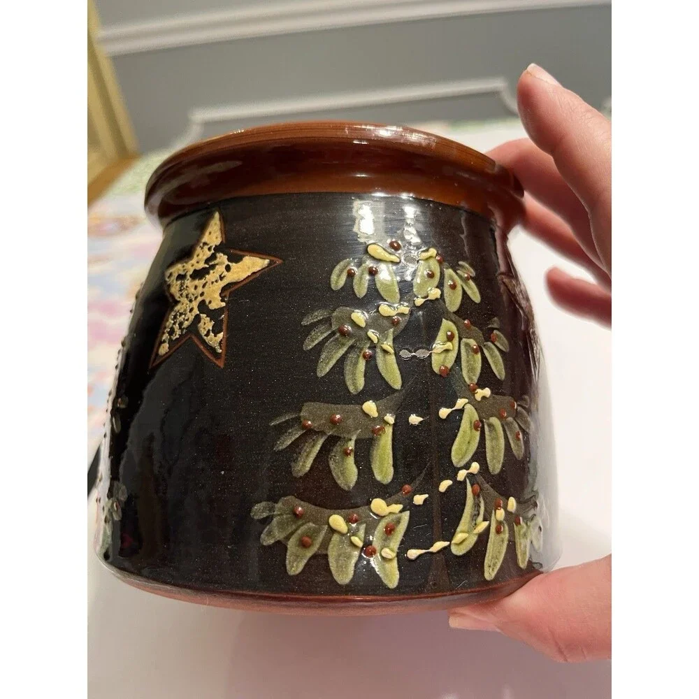 Eldreth Pottery Redware Crock Hand Painted Christmas Tree Stars Signed Folk Art